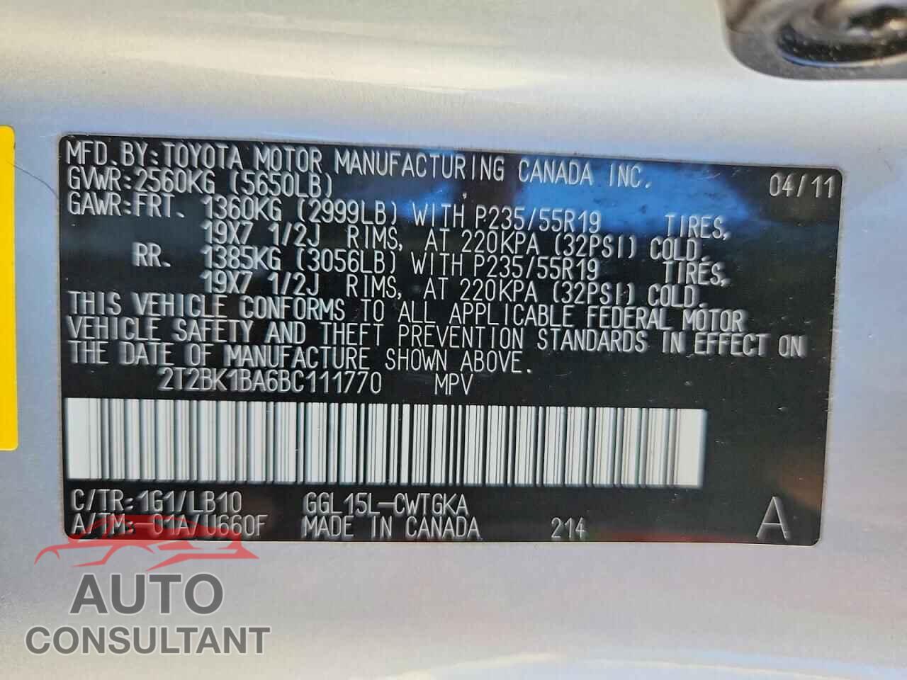 LEXUS RX350 2011 - 2T2BK1BA6BC111770