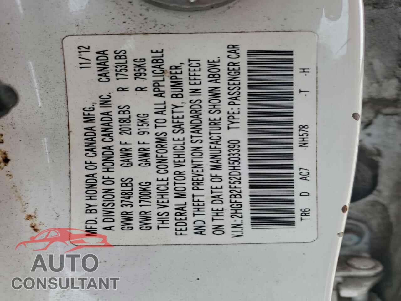HONDA CIVIC 2013 - 2HGFB2F52DH503390