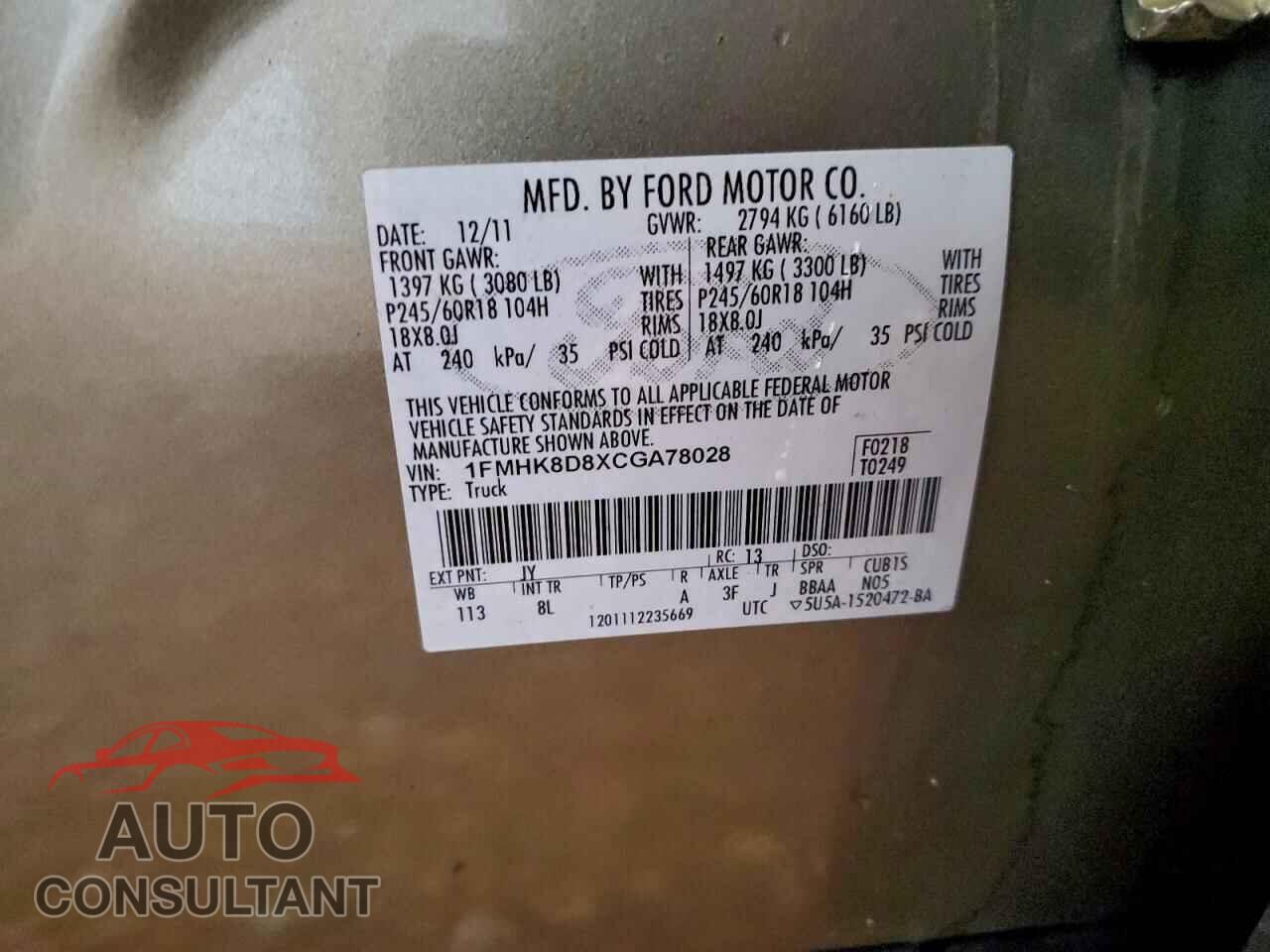 FORD EXPLORER 2012 - 1FMHK8D8XCGA78028
