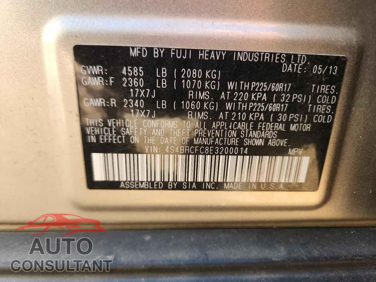 SUBARU OUTBACK 2014 - 4S4BRCFC8E3200014