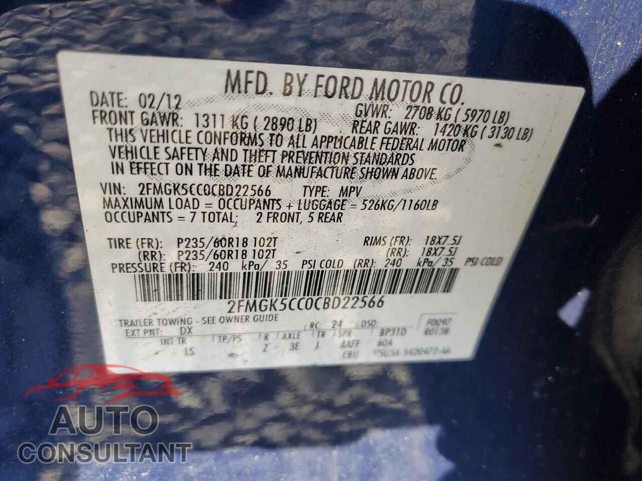 FORD FLEX 2012 - 2FMGK5CC0CBD22566