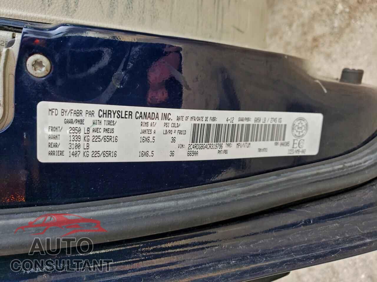 DODGE CARAVAN 2012 - 2C4RDGBG4CR319796