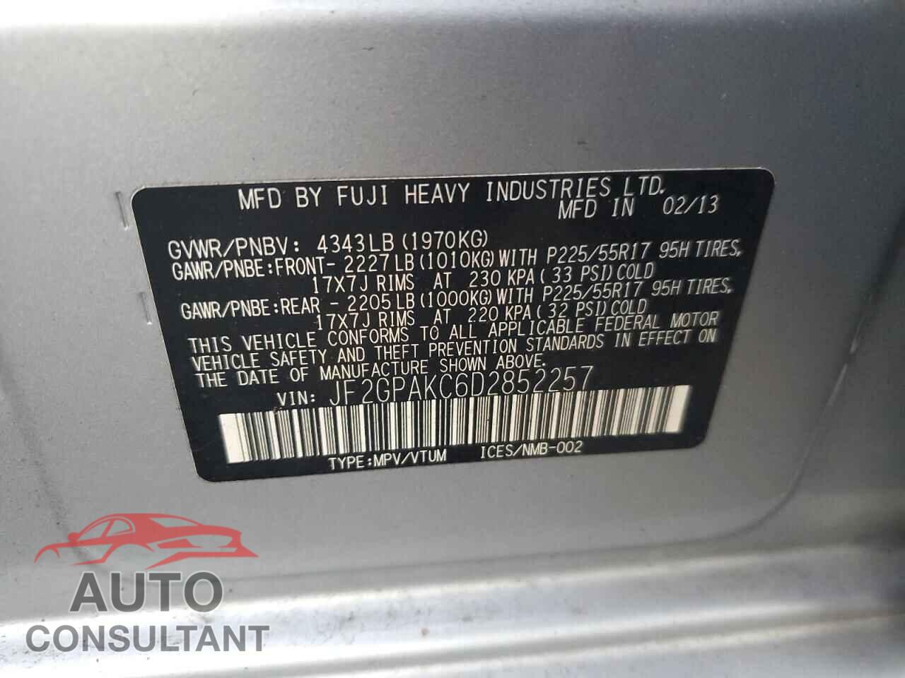 SUBARU XV 2013 - JF2GPAKC6D2852257