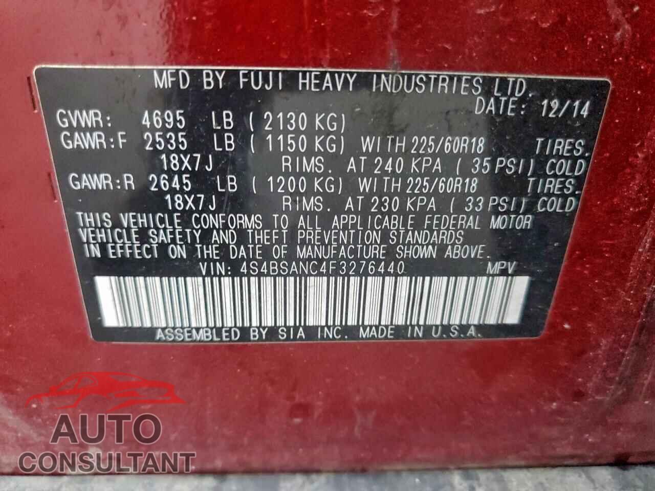 SUBARU OUTBACK 2015 - 4S4BSANC4F3276440