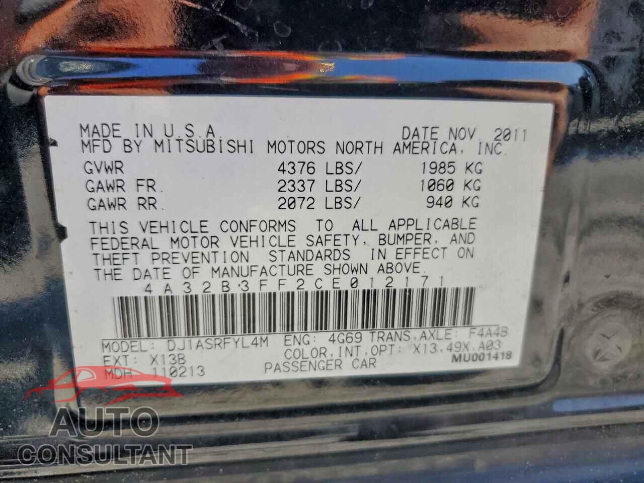 MITSUBISHI GALANT 2012 - 4A32B3FF2CE012171