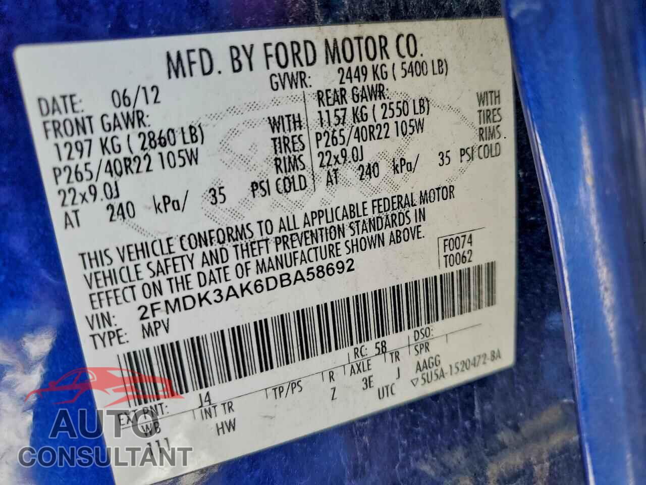 FORD EDGE 2013 - 2FMDK3AK6DBA58692