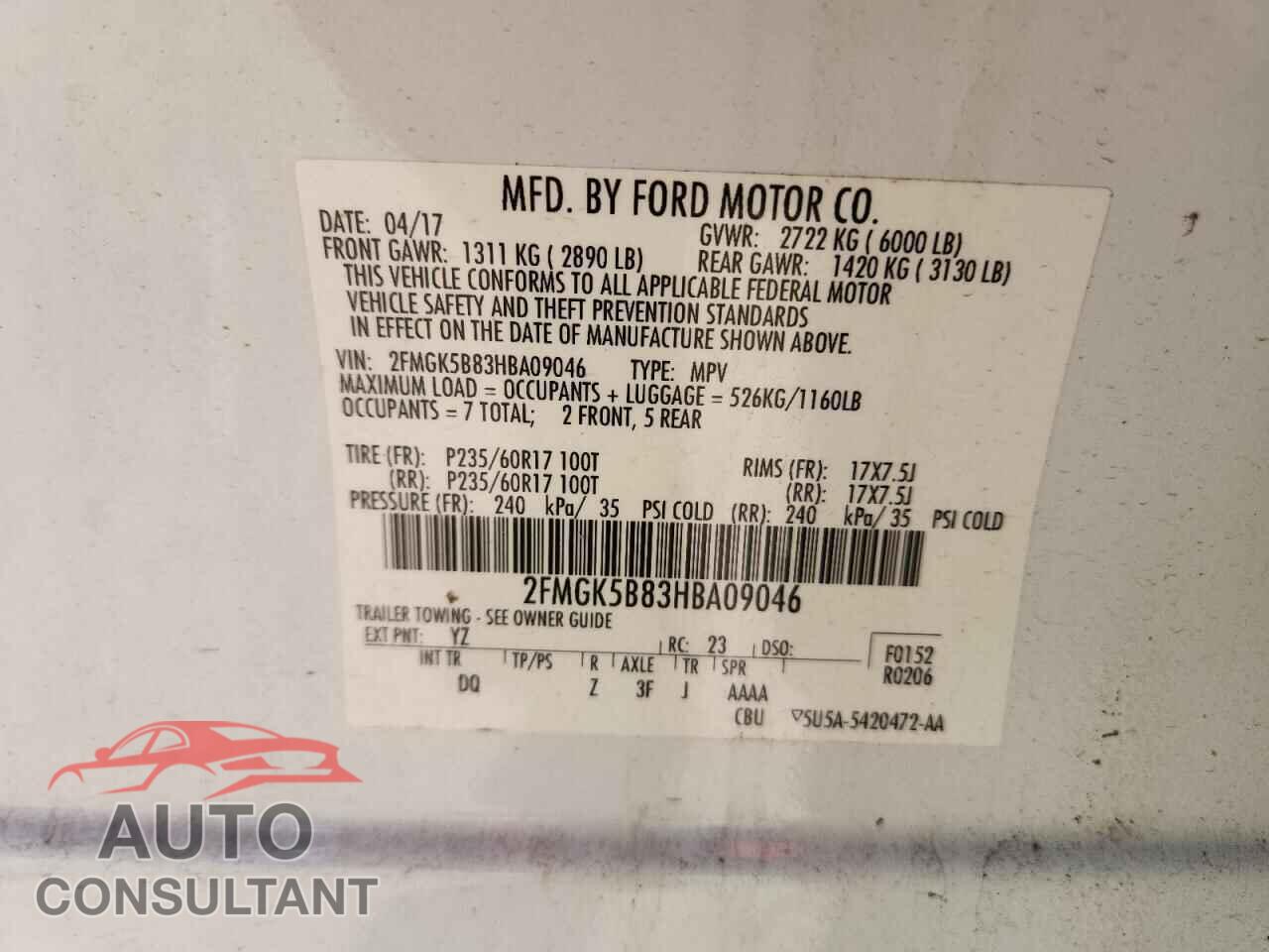 FORD FLEX 2017 - 2FMGK5B83HBA09046