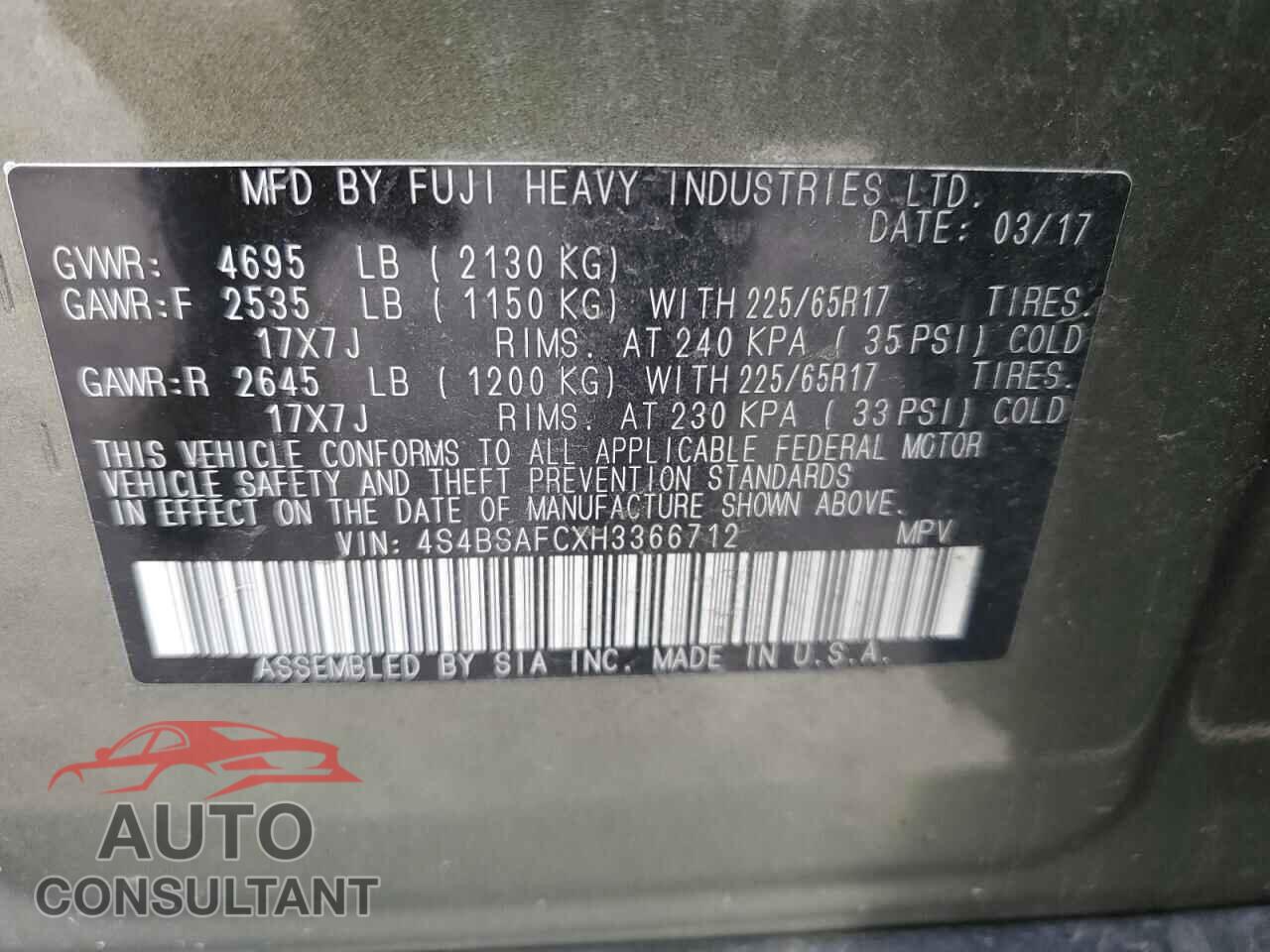 SUBARU OUTBACK 2017 - 4S4BSAFCXH3366712