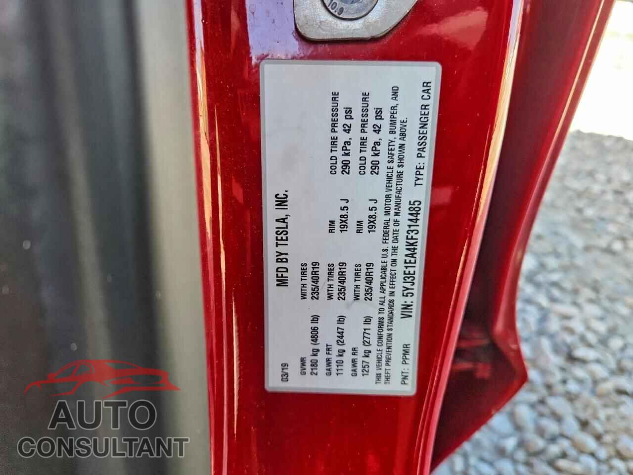 TESLA MODEL 3 2019 - 5YJ3E1EA4KF314485