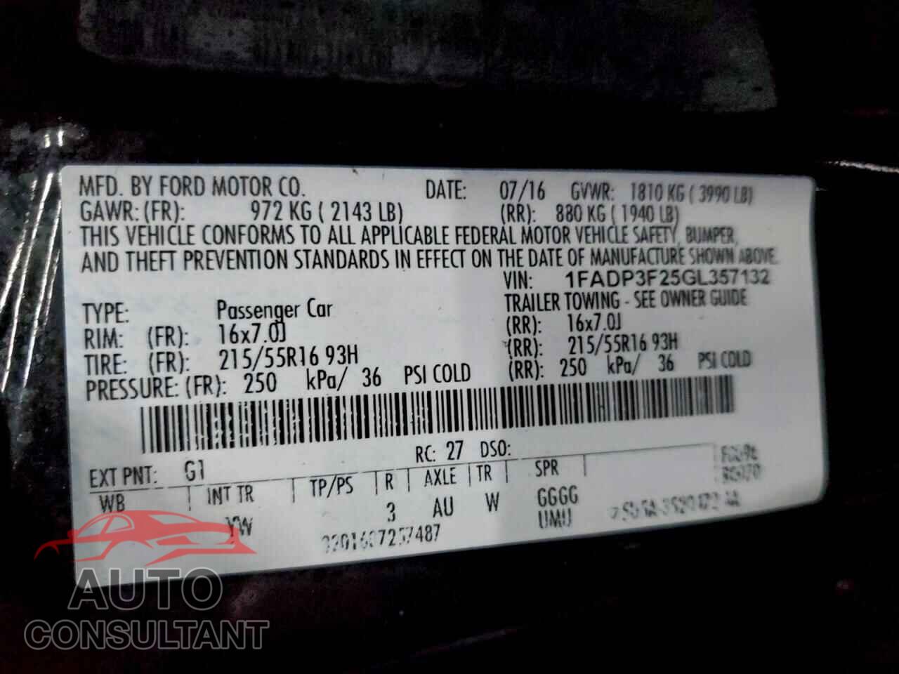FORD FOCUS 2016 - 1FADP3F25GL357132