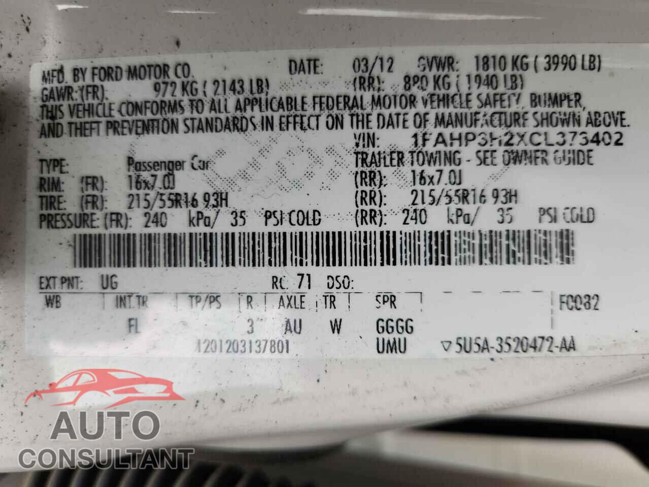 FORD FOCUS 2012 - 1FAHP3H2XCL373402
