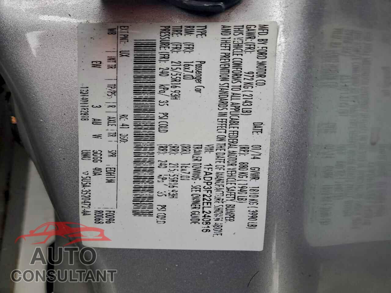 FORD FOCUS 2014 - 1FADP3F22EL240816
