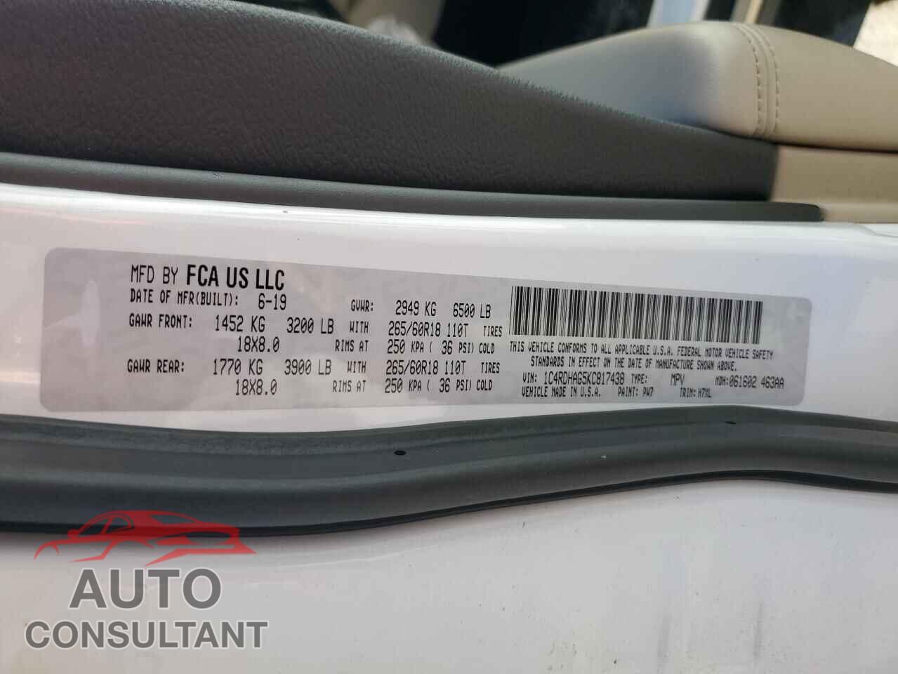 DODGE DURANGO 2019 - 1C4RDHAG5KC817438