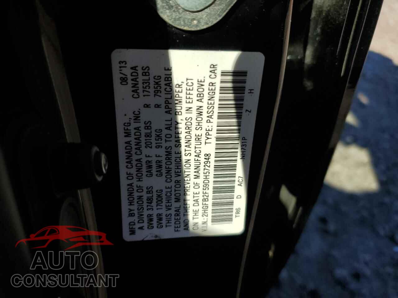 HONDA CIVIC 2013 - 2HGFB2F59DH572948