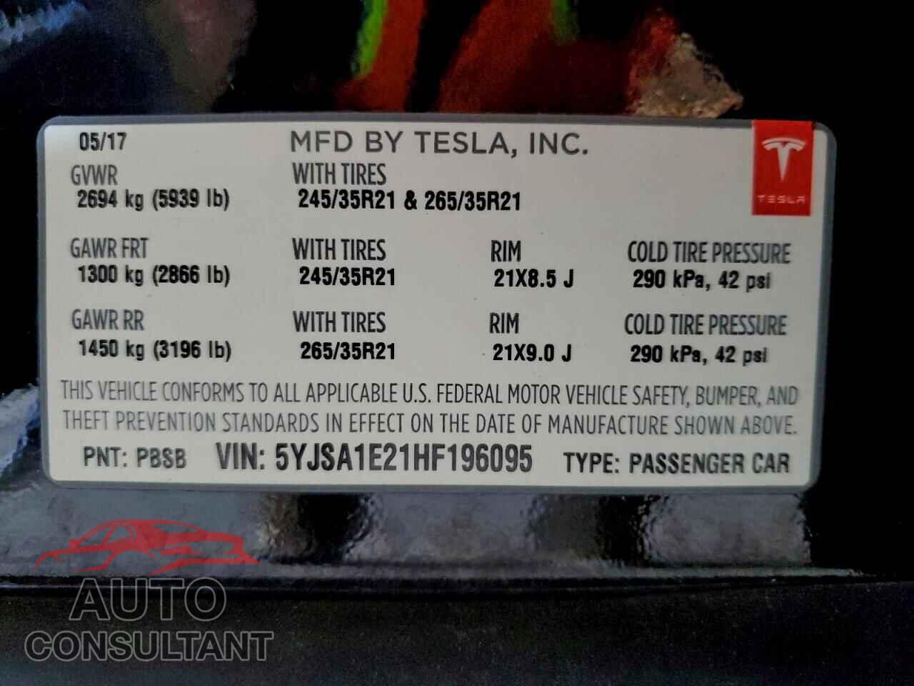 TESLA MODEL S 2017 - 5YJSA1E21HF196095