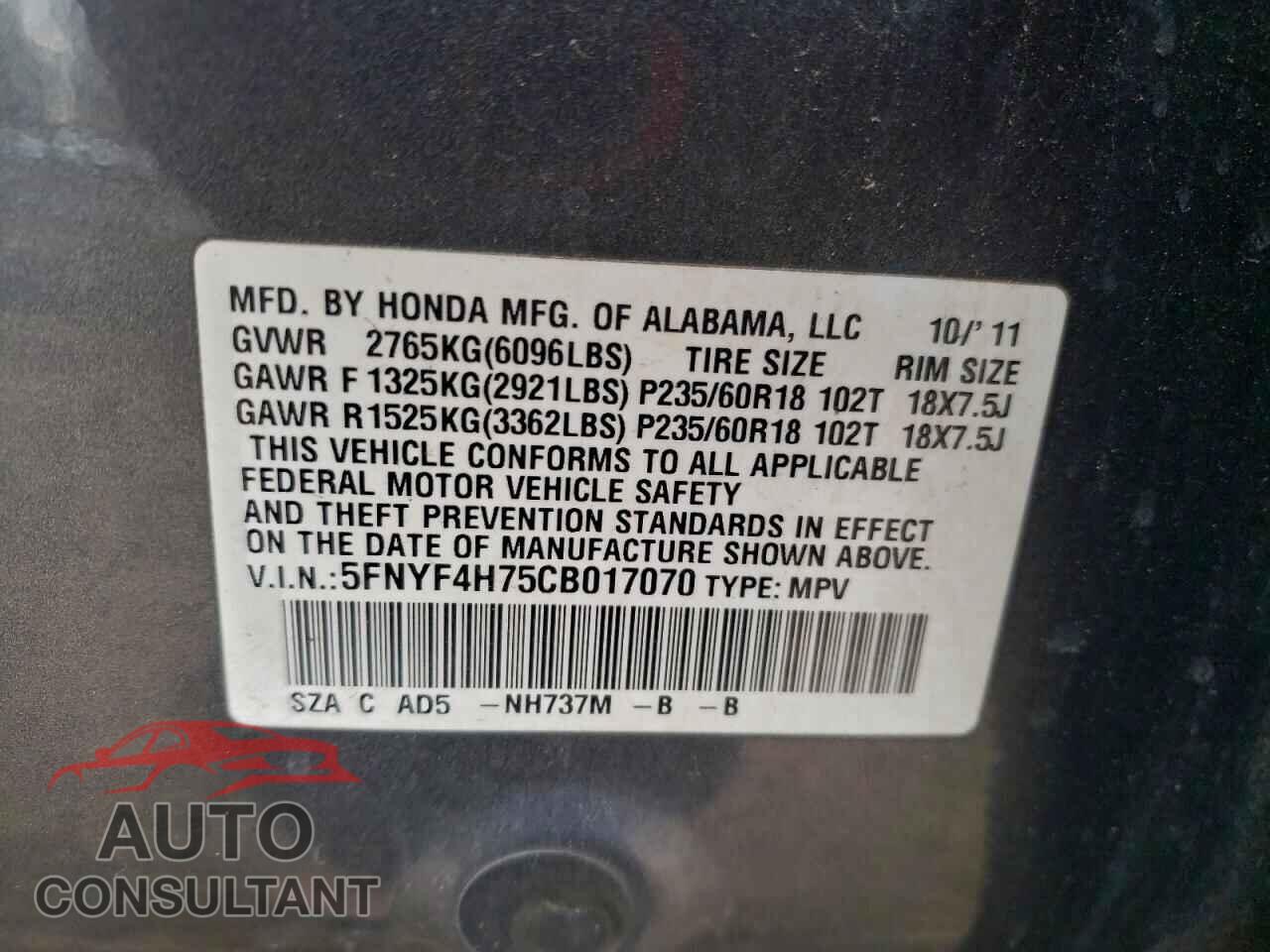 HONDA PILOT 2012 - 5FNYF4H75CB017070