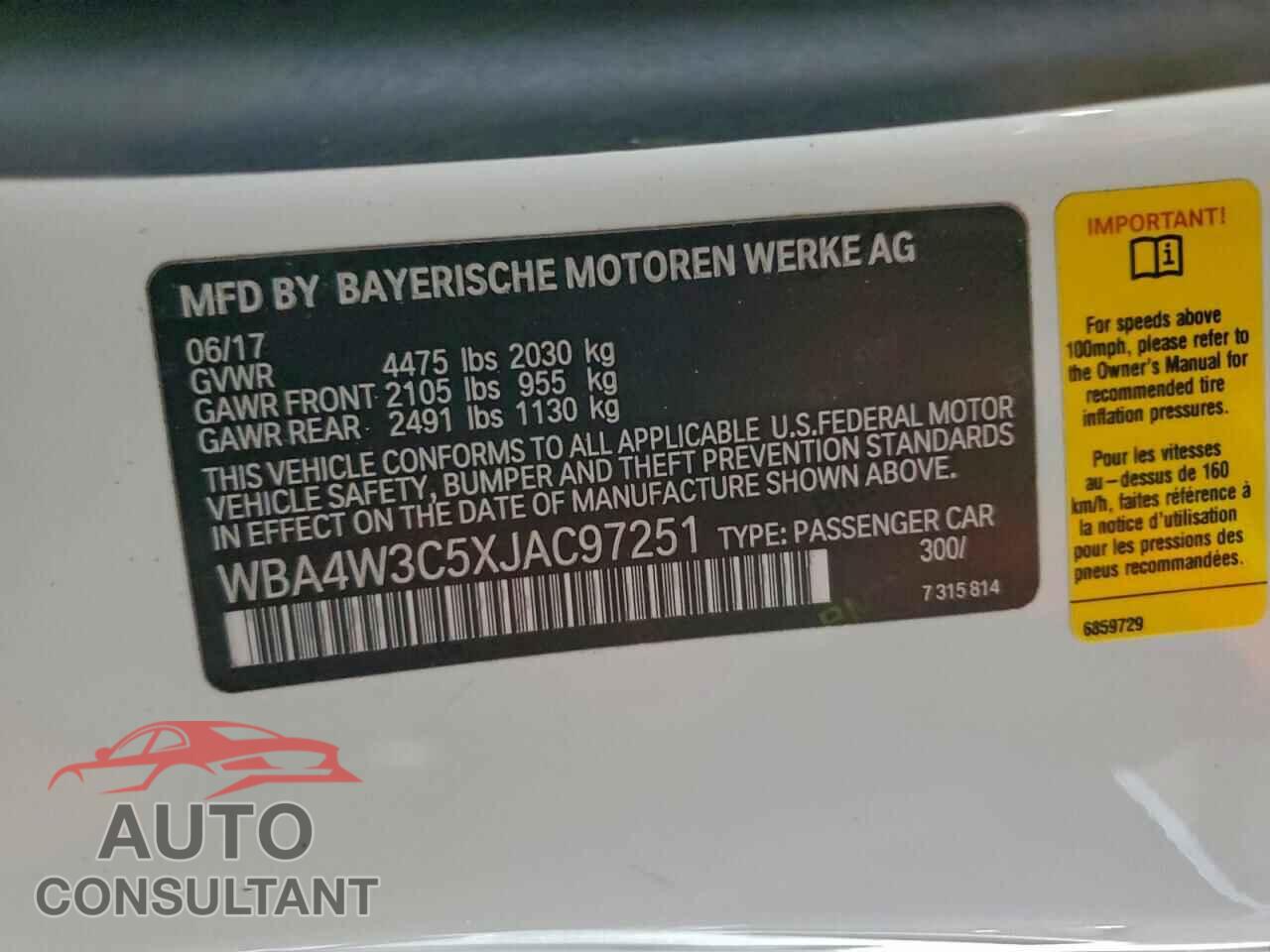 BMW 4 SERIES 2018 - WBA4W3C5XJAC97251