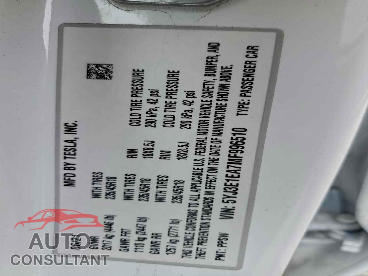TESLA MODEL 3 2021 - 5YJ3E1EA7MF996510