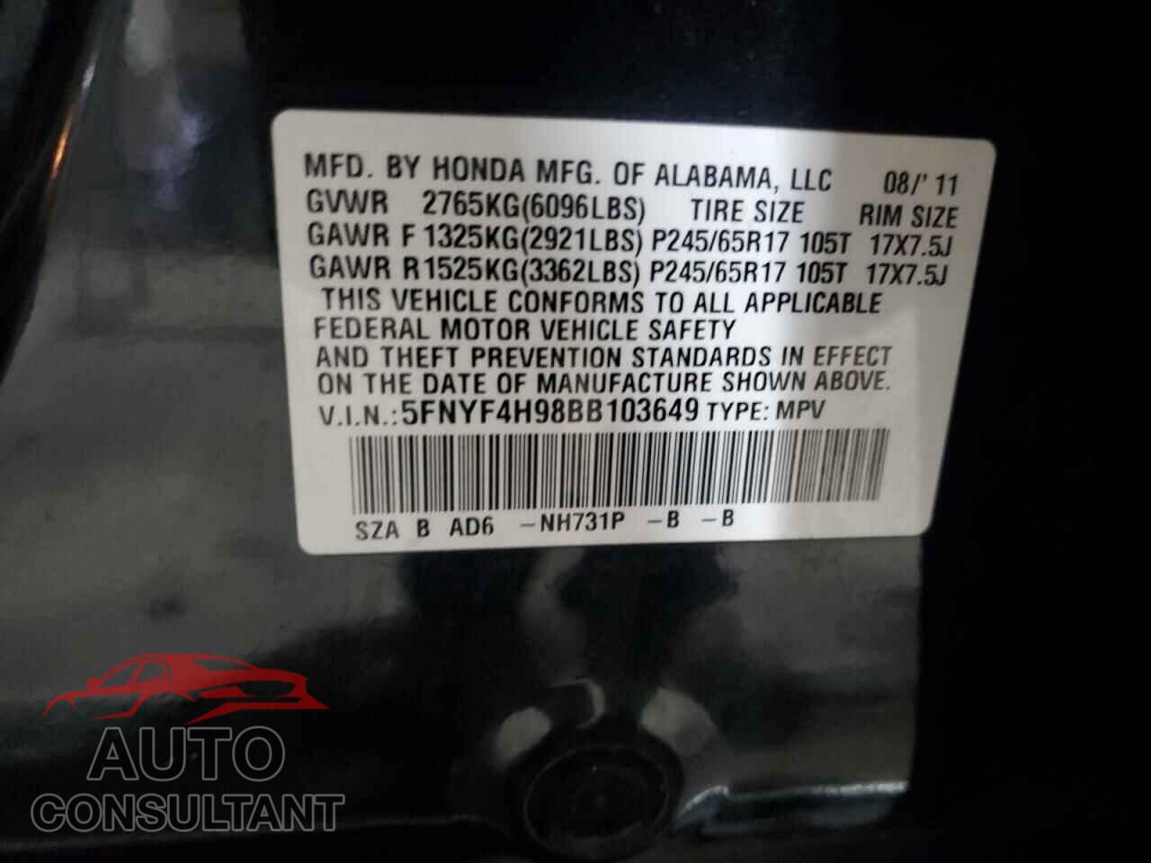 HONDA PILOT 2011 - 5FNYF4H98BB103649