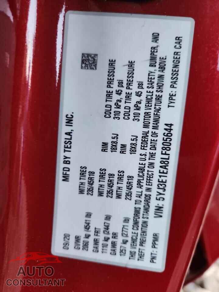 TESLA MODEL 3 2020 - 5YJ3E1EA8LF805644