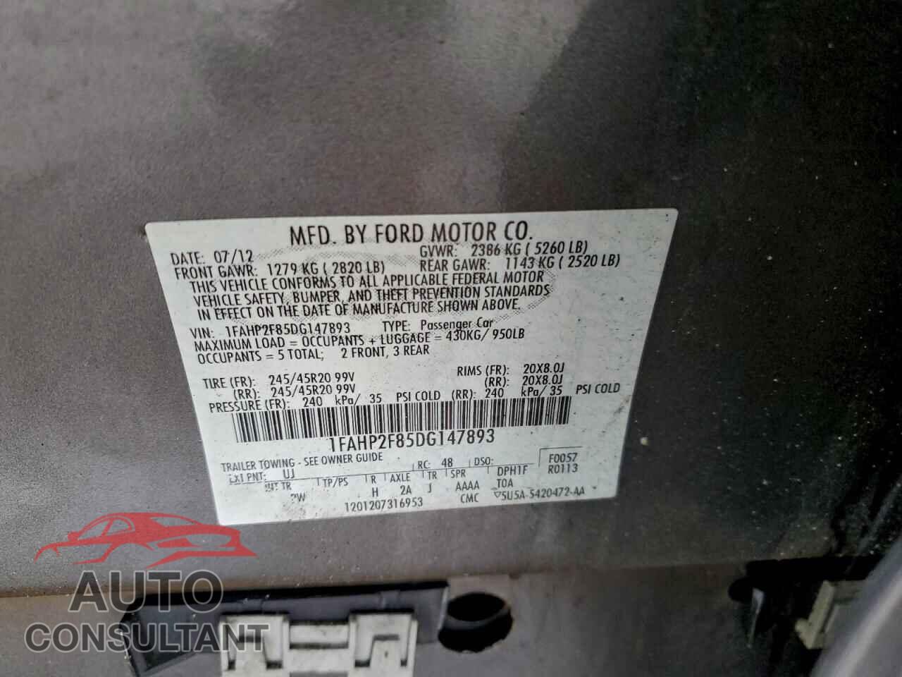 FORD TAURUS 2013 - 1FAHP2F85DG147893