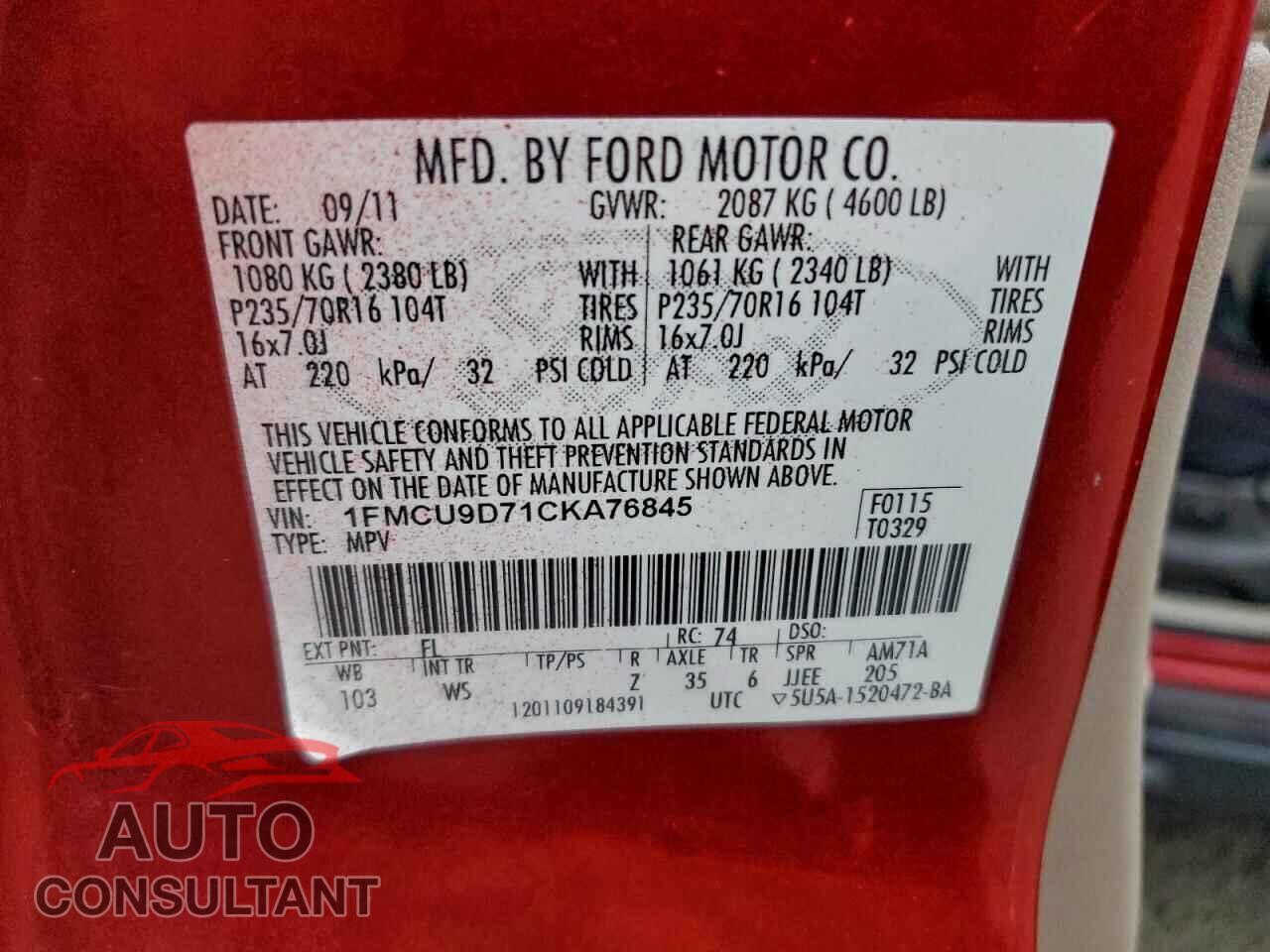 FORD ESCAPE 2012 - 1FMCU9D71CKA76845