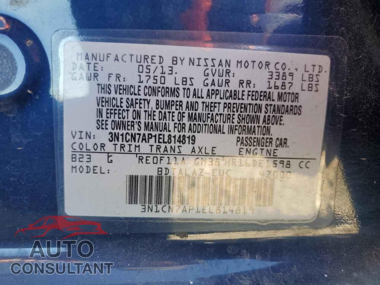 NISSAN VERSA 2014 - 3N1CN7AP1EL814819