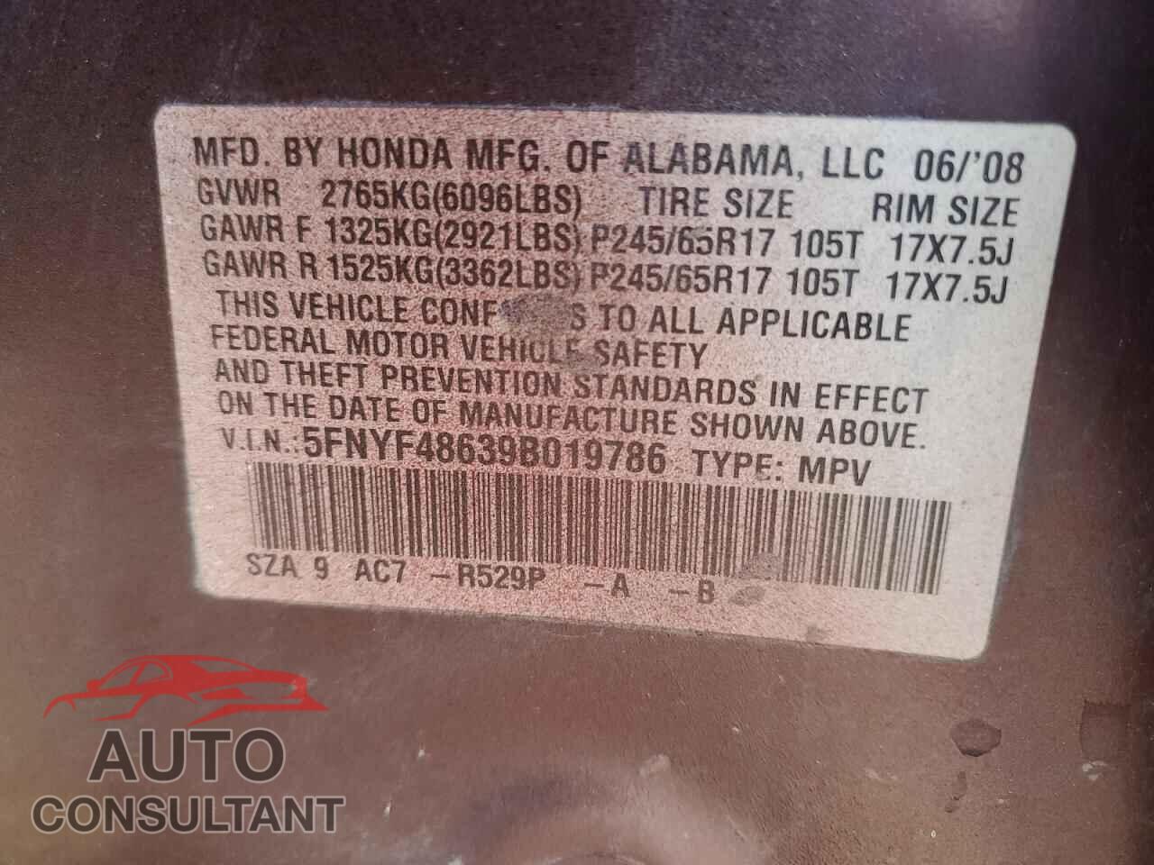 HONDA PILOT 2009 - 5FNYF48639B019786