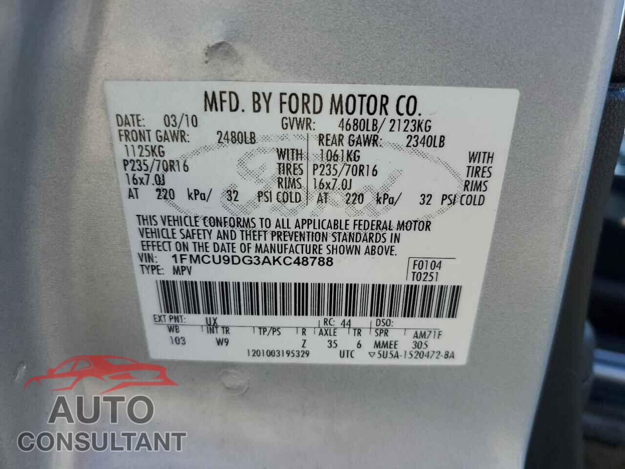 FORD ESCAPE 2010 - 1FMCU9DG3AKC48788