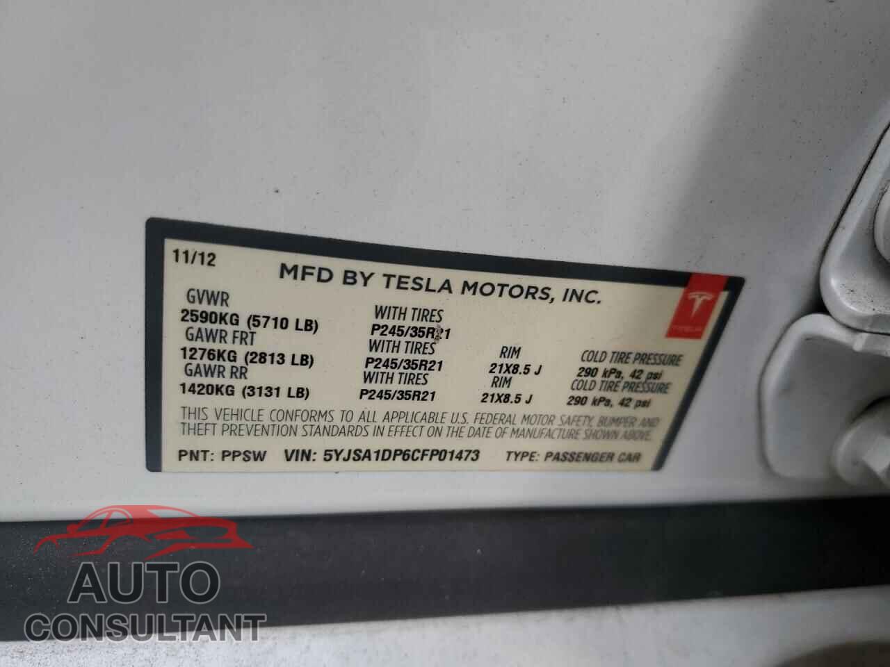 TESLA MODEL S 2012 - 5YJSA1DP6CFP01473