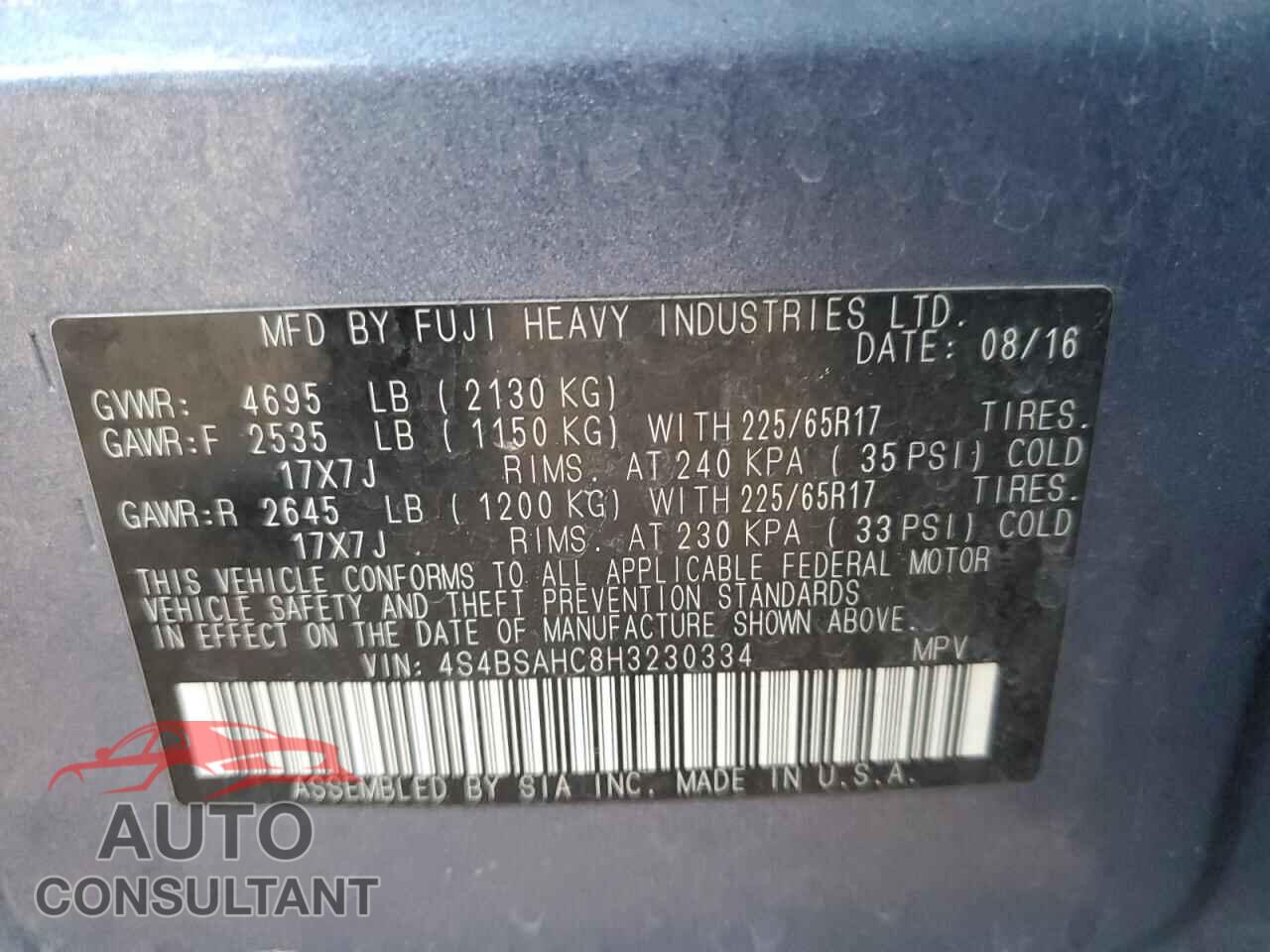 SUBARU OUTBACK 2017 - 4S4BSAHC8H3230334