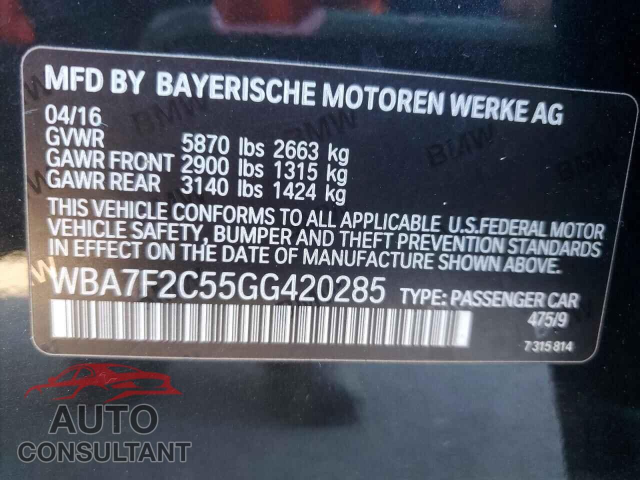 BMW 7 SERIES 2016 - WBA7F2C55GG420285