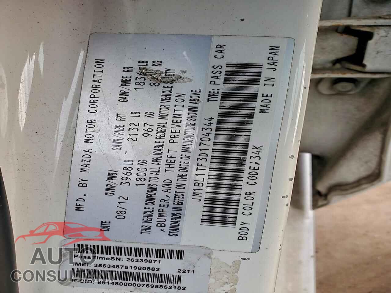 MAZDA 3 2013 - JM1BL1TF3D1704344