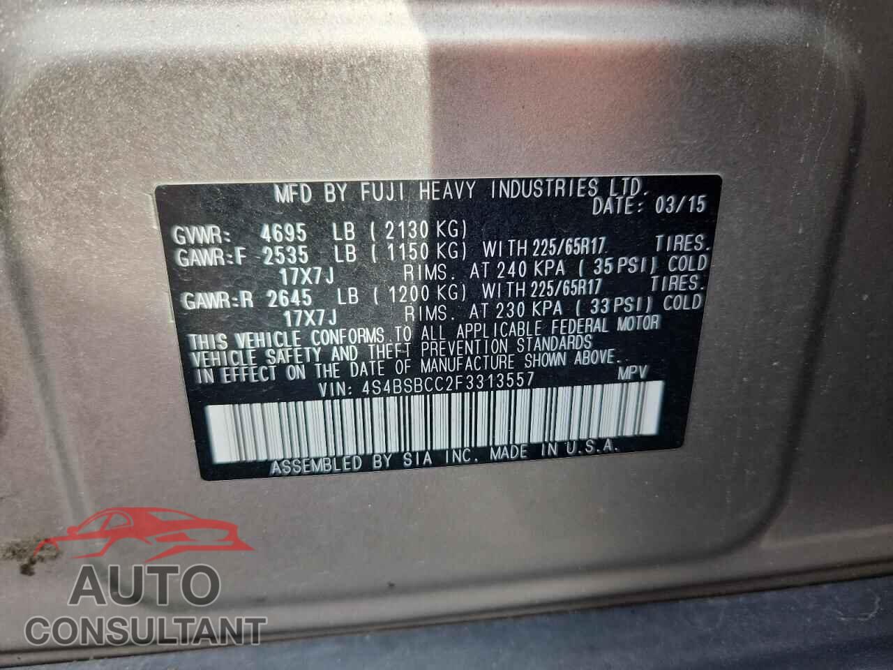 SUBARU OUTBACK 2015 - 4S4BSBCC2F3313557