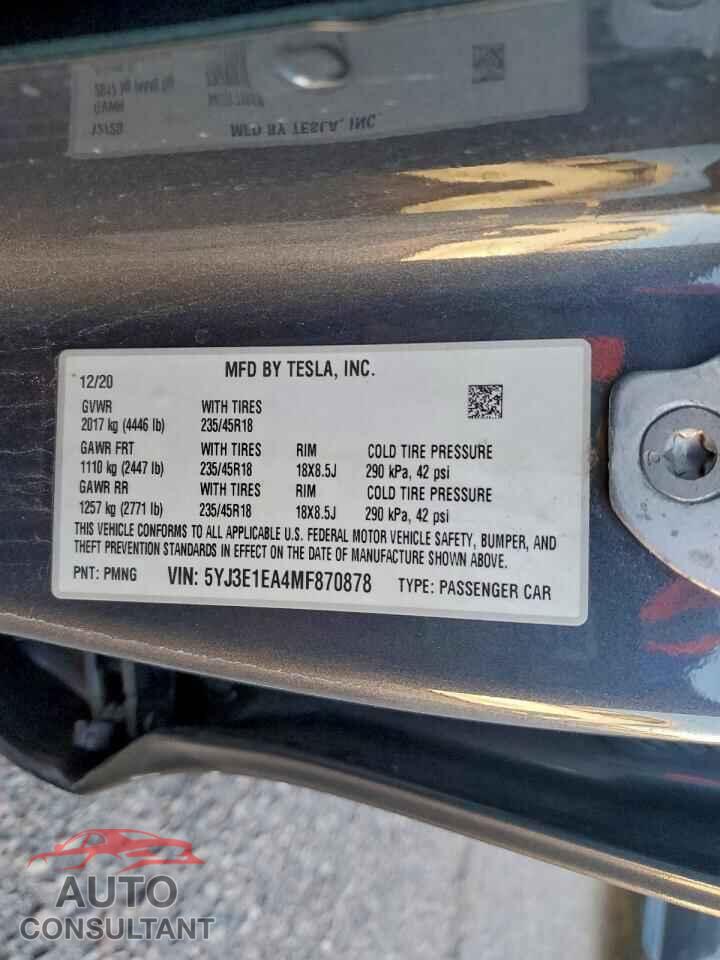 TESLA MODEL 3 2021 - 5YJ3E1EA4MF870878