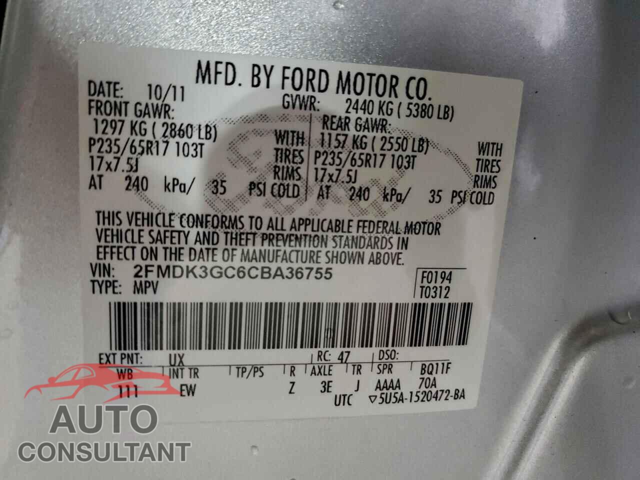 FORD EDGE 2012 - 2FMDK3GC6CBA36755
