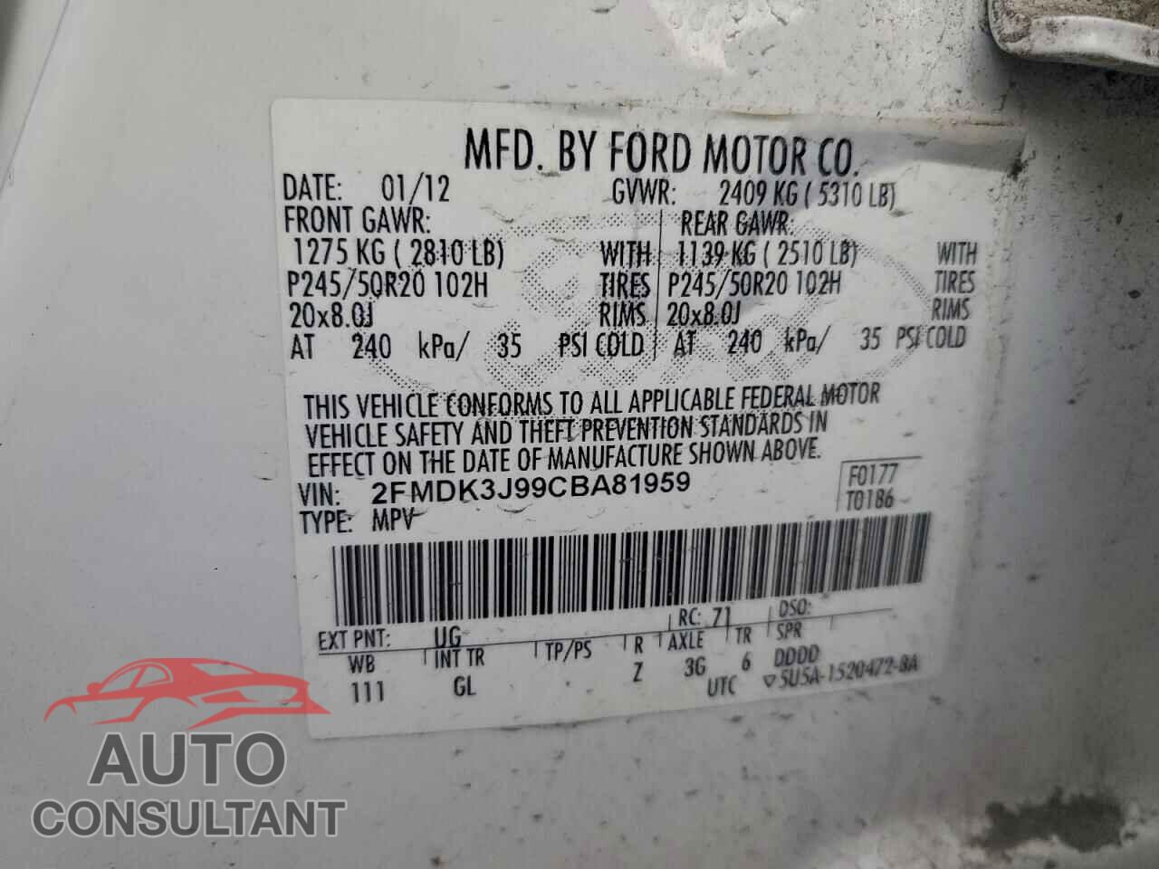 FORD EDGE 2012 - 2FMDK3J99CBA81959