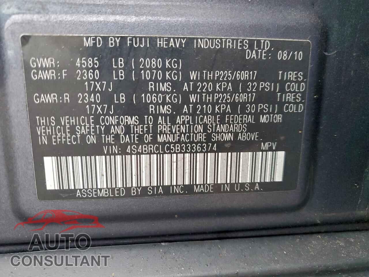 SUBARU LEGACY 2011 - 4S4BRCLC5B3336374