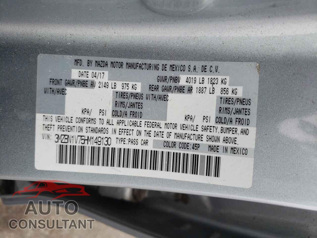 MAZDA 3 2017 - 3MZBN1V75HM149130