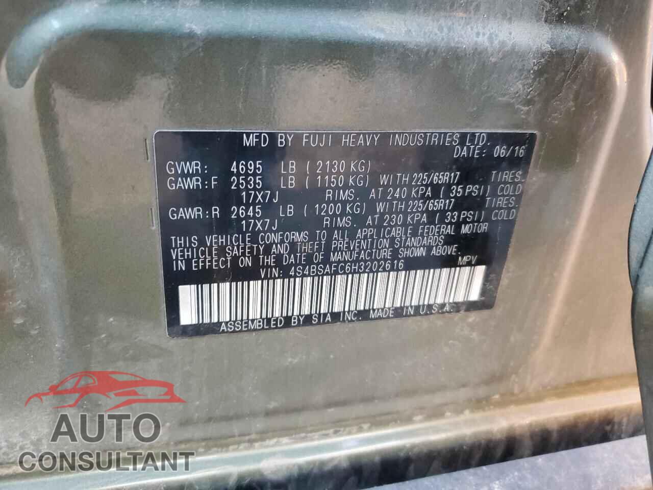SUBARU OUTBACK 2017 - 4S4BSAFC6H3202616