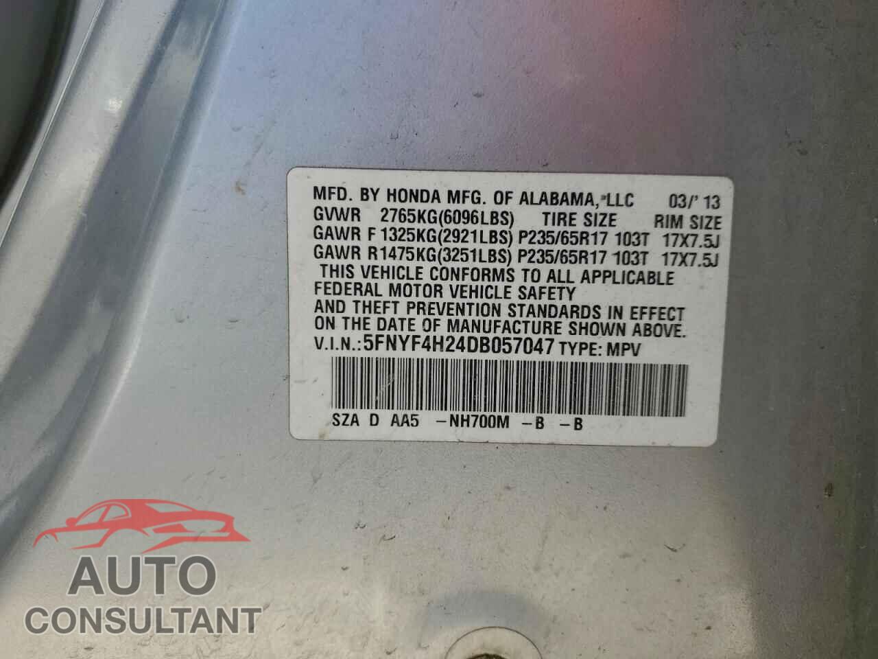 HONDA PILOT 2013 - 5FNYF4H24DB057047
