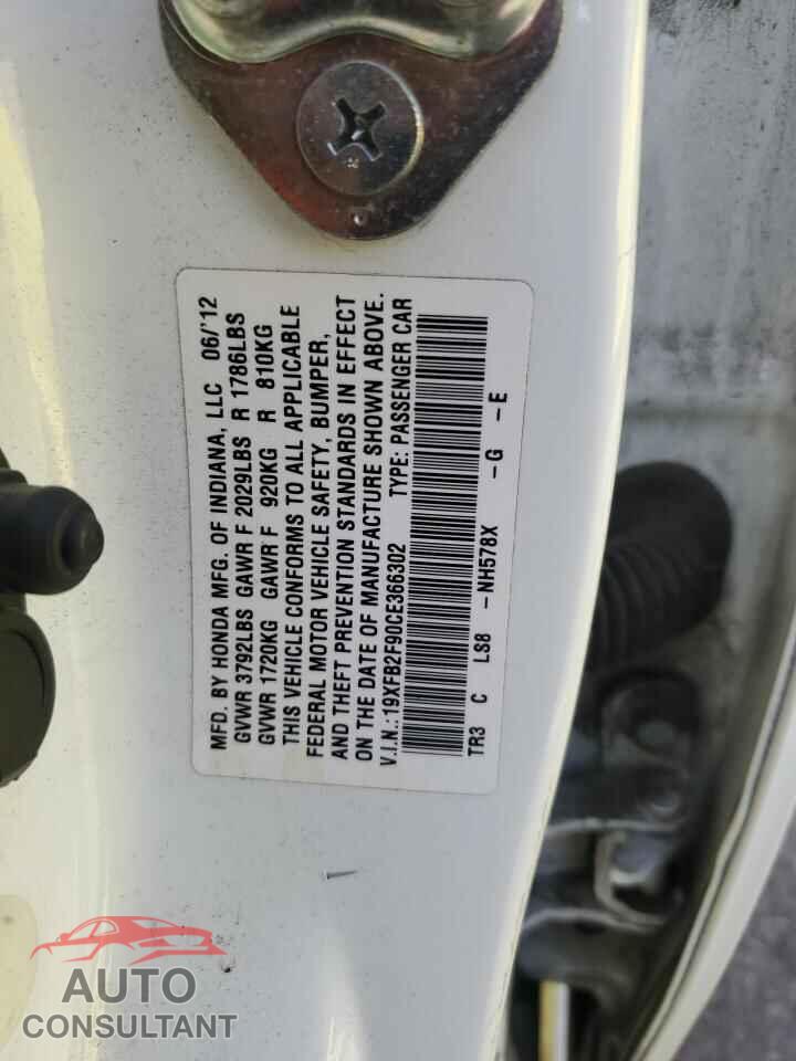 HONDA CIVIC 2012 - 19XFB2F90CE366302