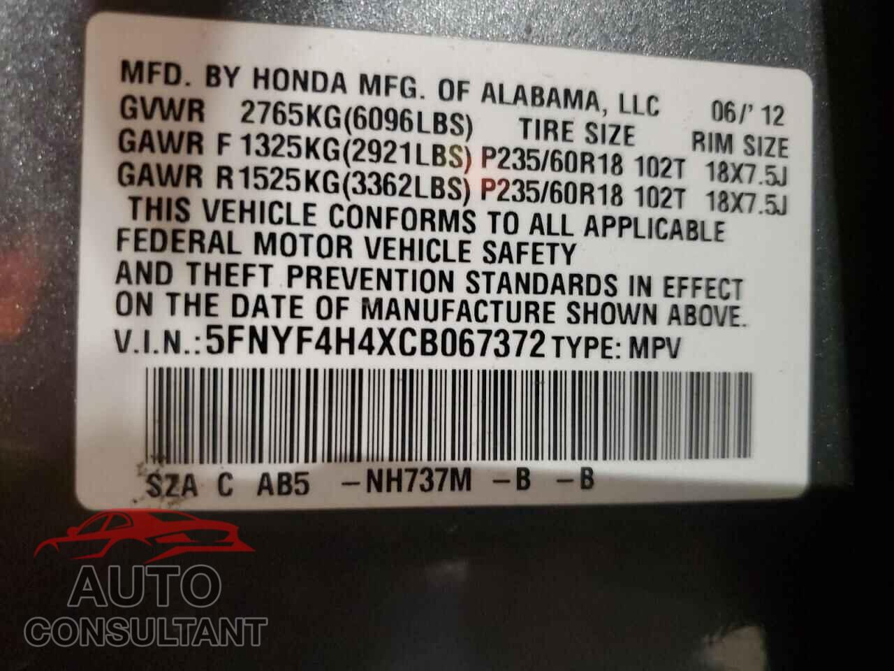 HONDA PILOT 2012 - 5FNYF4H4XCB067372