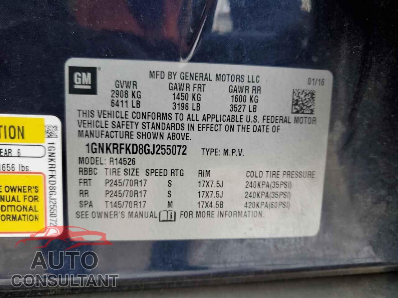 CHEVROLET TRAVERSE 2016 - 1GNKRFKD8GJ255072