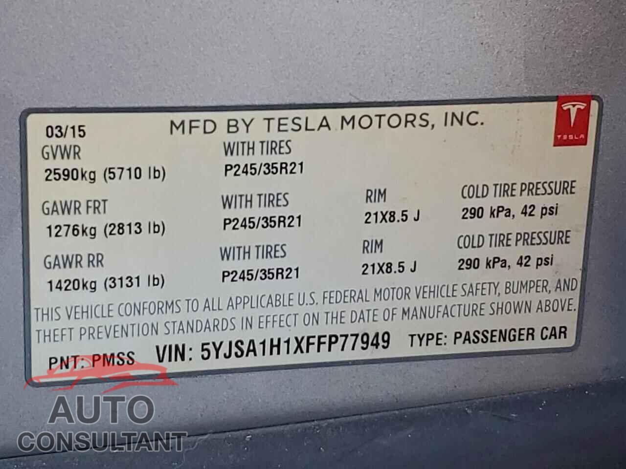 TESLA MODEL S 2015 - 5YJSA1H1XFFP77949