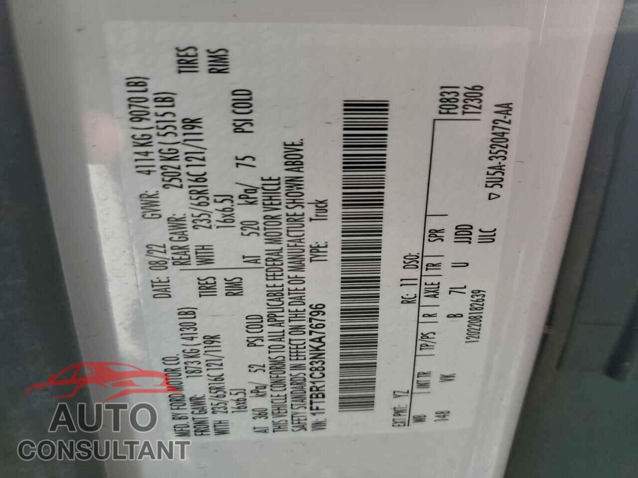 FORD TRANSIT 2022 - 1FTBR1C83NKA76796