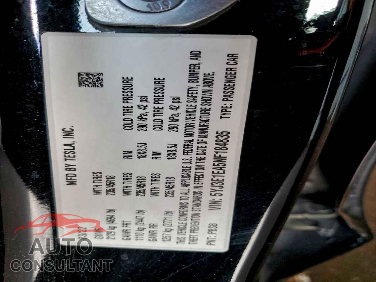 TESLA MODEL 3 2022 - 5YJ3E1EA5NF184835