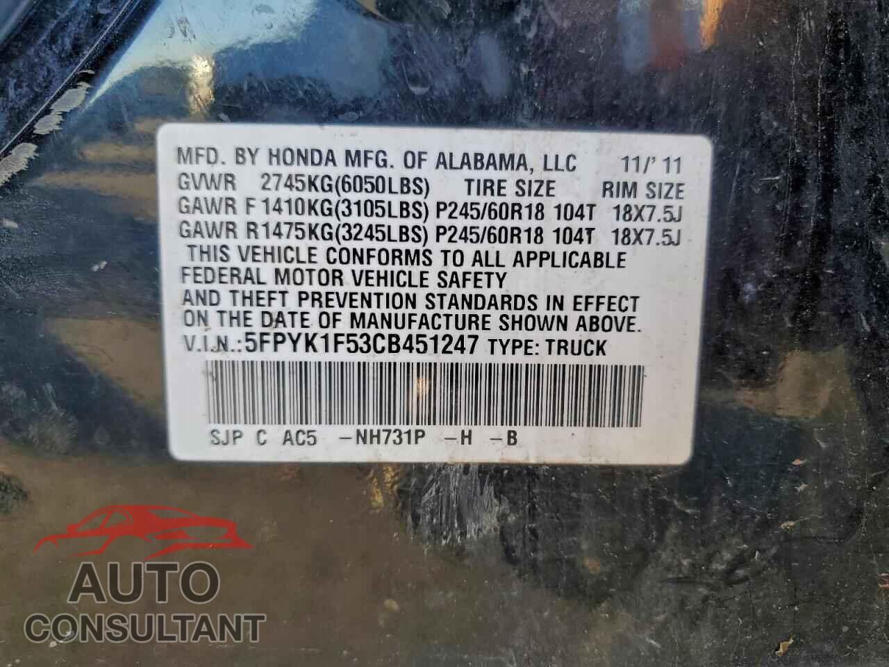 HONDA RIDGELINE 2012 - 5FPYK1F53CB451247