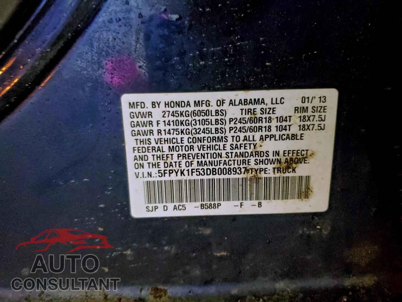 HONDA RIDGELINE 2013 - 5FPYK1F53DB008937