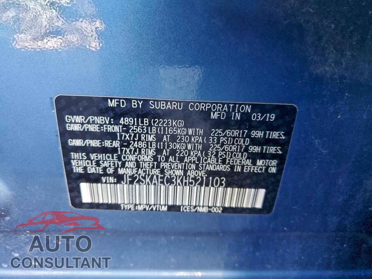 SUBARU FORESTER 2019 - JF2SKAEC3KH521103